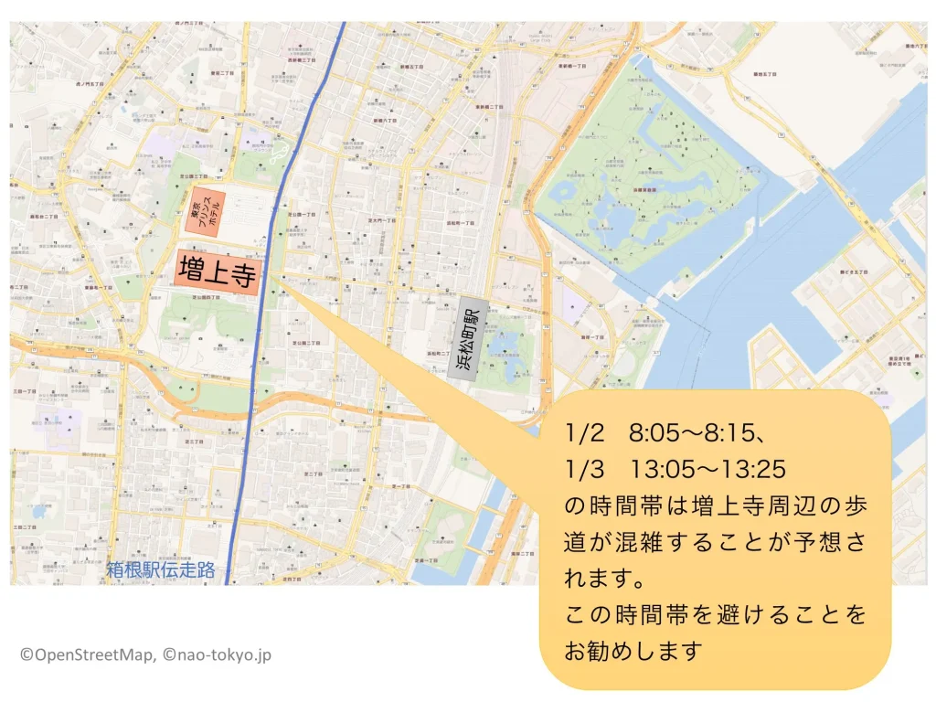 増上寺と箱根駅伝の走路との位置関係地図